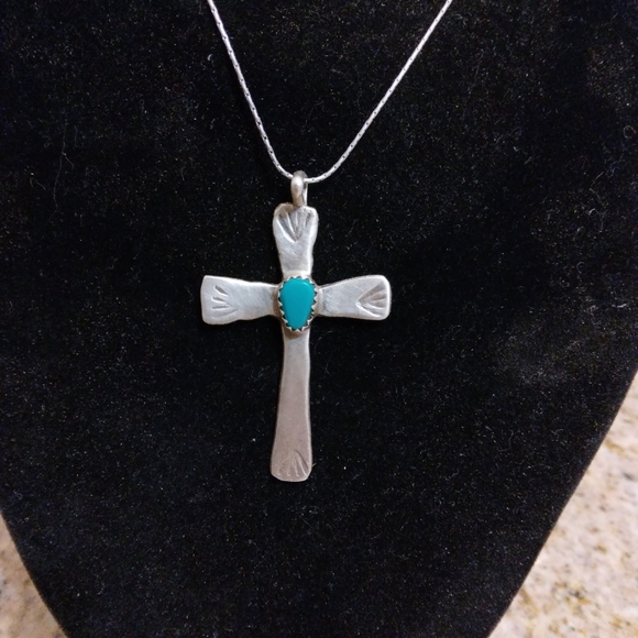 Navajo sterling turquoise and coral cross pendant and cuff bracelet - Picture 2 of 7